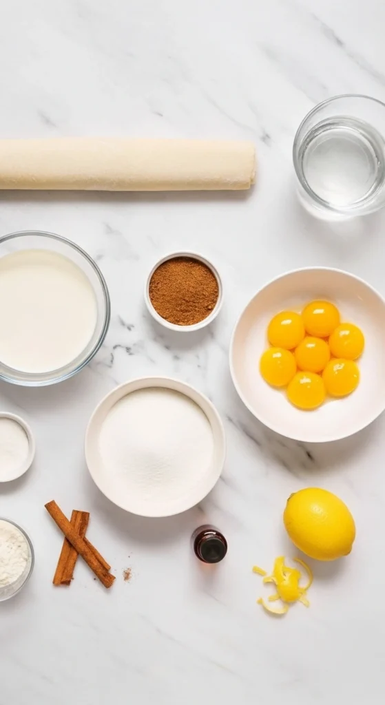Une vue de dessus de tous les ingrédients nécessaires pour préparer un délicieux gâteau portugais. On y voit une pâte feuilletée en rouleau, des verres d'eau, un bol de lait, un bol de sucre, des jaunes d'œufs, un bol de farine, un bol de crème, un bol d'épices, une bouteille de vanille, un citron et des zestes de citron. Une composition soignée, promettant un authentique gâteau portugais fait maison.