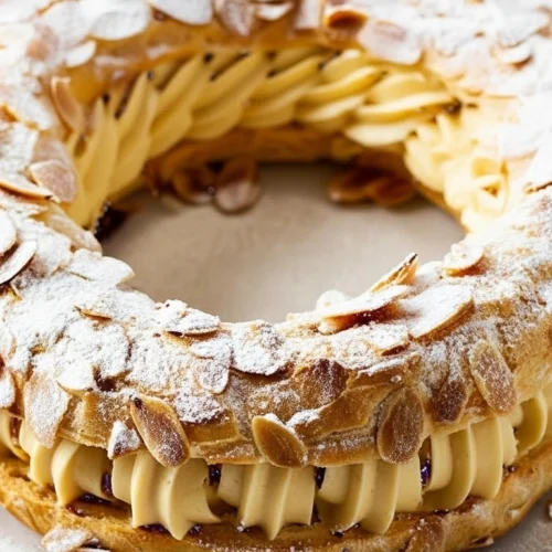 Un délicieux Paris-Brest, prêt à être dégusté.