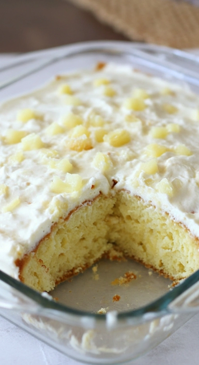 Un délicieux gâteau à l'ananas avec un glaçage crémeux et des morceaux d'ananas, une version appétissante de la recette gateau ananas.