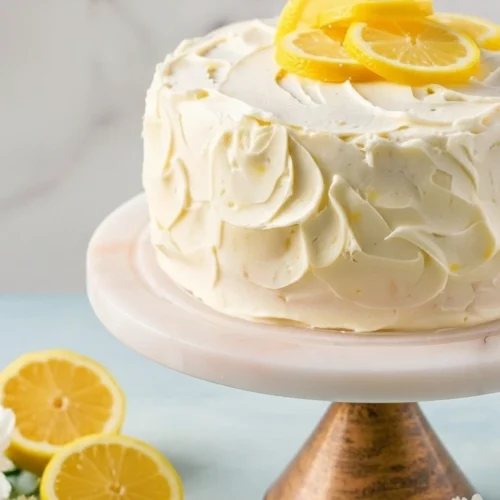 Envie d'une recette gâteau citron ? Ce gâteau à la crème onctueuse, décoré de tranches de citron frais, est présenté sur un élégant présentoir. Idéal pour une pause gourmande !