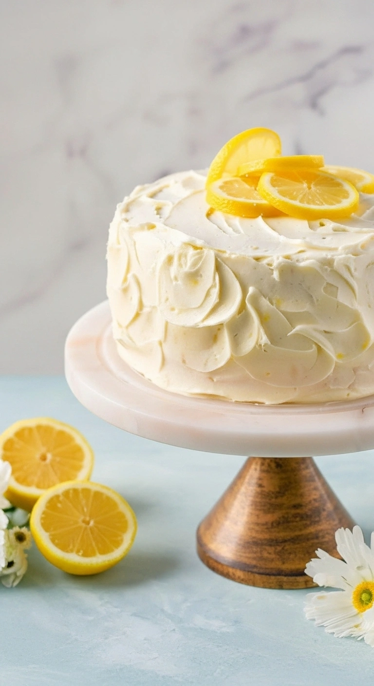 Envie d'une recette gâteau citron ? Ce gâteau à la crème onctueuse, décoré de tranches de citron frais, est présenté sur un élégant présentoir. Idéal pour une pause gourmande !