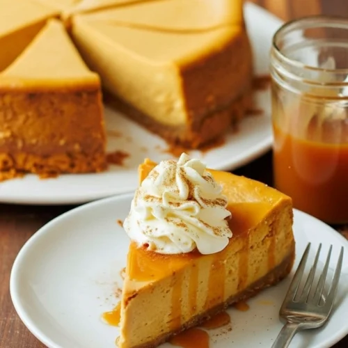 Part de cheesecake onctueux nappée de sauce caramel et surmontée de crème fouettée au premier plan, avec le gâteau entier visible en arrière-plan sur une table en bois, illustrant le résultat d'une délicieuse recette pour cheesecake d'automne.