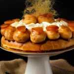 Élégante présentation d'un Saint Honoré gateau, avec ses choux caramélisés, sa crème chantilly et sa décoration aérienne en sucre filé. Le gâteau est mis en valeur sur un présentoir blanc, posé sur un tissu de jute à côté d'un couteau et d'une fourchette, évoquant une dégustation imminente.