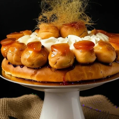 Élégante présentation d'un Saint Honoré gateau, avec ses choux caramélisés, sa crème chantilly et sa décoration aérienne en sucre filé. Le gâteau est mis en valeur sur un présentoir blanc, posé sur un tissu de jute à côté d'un couteau et d'une fourchette, évoquant une dégustation imminente.