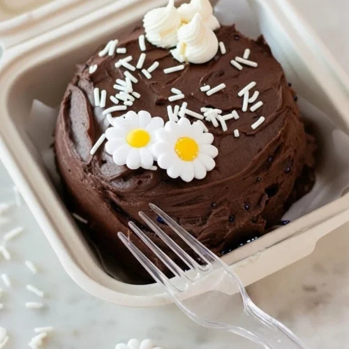 Résultat final de la recette bento cake : un mini gâteau au chocolat dans sa boîte à emporter, décoré de fleurs marguerites en sucre et de vermicelles blancs, accompagné d'une fourchette en plastique.