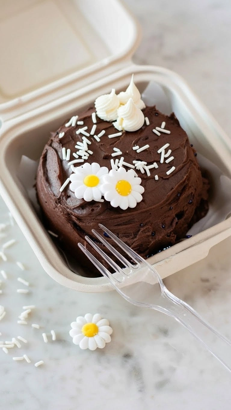 Résultat final de la recette bento cake : un mini gâteau au chocolat dans sa boîte à emporter, décoré de fleurs marguerites en sucre et de vermicelles blancs, accompagné d'une fourchette en plastique.