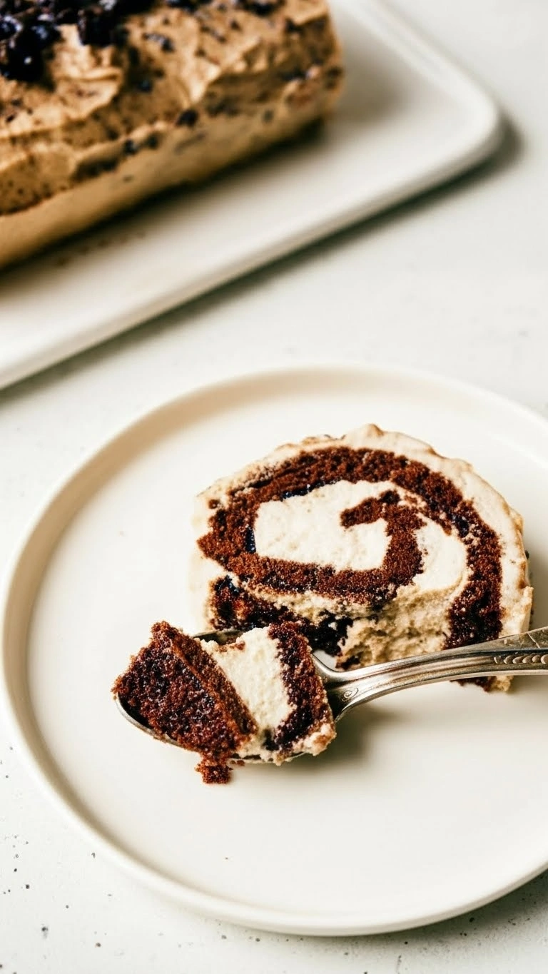 Gros plan sur une tranche de bûche de noël praliné croustillant entamée à la cuillère, révélant les spirales de génoise au chocolat et de crème onctueuse.