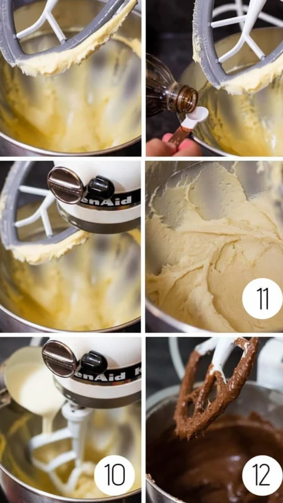 Collage des étapes de préparation de la pâte pour une recette bento cake : mélange au robot pâtissier, ajout de l'extrait de vanille, incorporation de la farine et du lait, pour obtenir une pâte lisse à la vanille et une variante au chocolat.