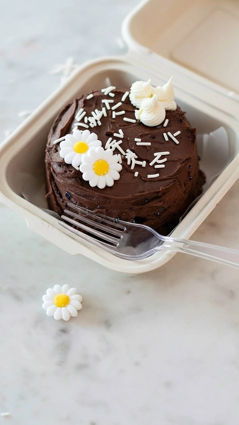 Vue verticale du résultat final de la recette bento cake : un mini gâteau au chocolat présenté dans sa boîte à emporter, décoré de marguerites en sucre et accompagné d'une fourchette en plastique prête à la dégustation.
