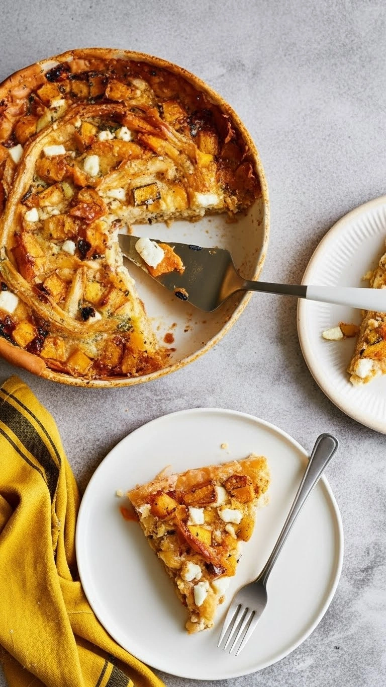 Vue de dessus d'une part de tarte butternut feta servie sur une petite assiette blanche, avec le reste du plat entamé en arrière-plan. On y voit des cubes de courge rôtie, des morceaux de feta et une pâte dorée croustillante, le tout accompagné d'une serviette jaune.