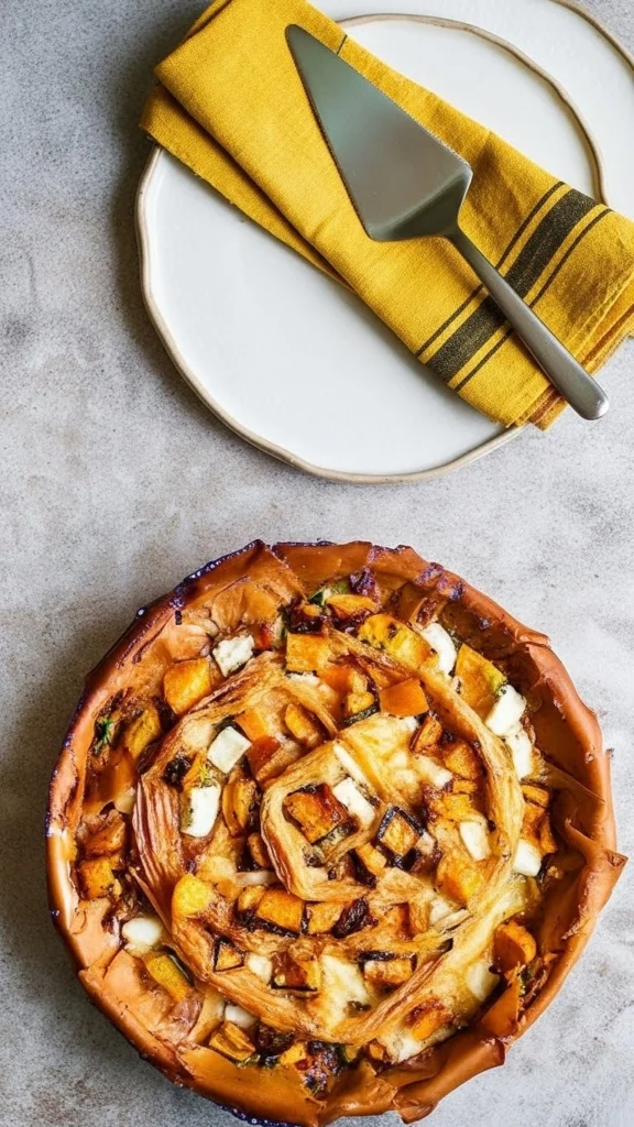 Vue de dessus d'une tarte butternut feta croustillante à la pâte dorée disposée en spirale, garnie de cubes de courge rôtie et de morceaux de fromage, accompagnée d'une pelle à tarte et d'une serviette jaune en arrière-plan.